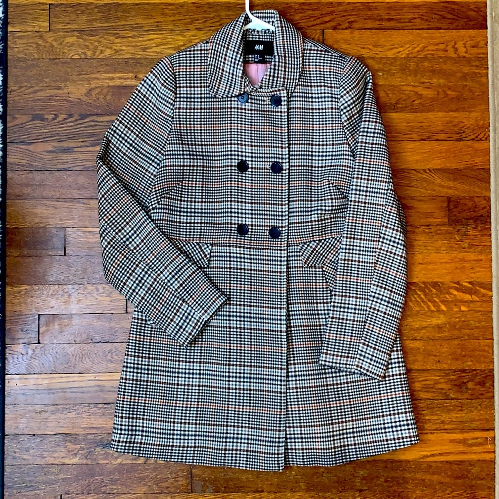 H&M Checkered Trench Coat - Black, White, Tan